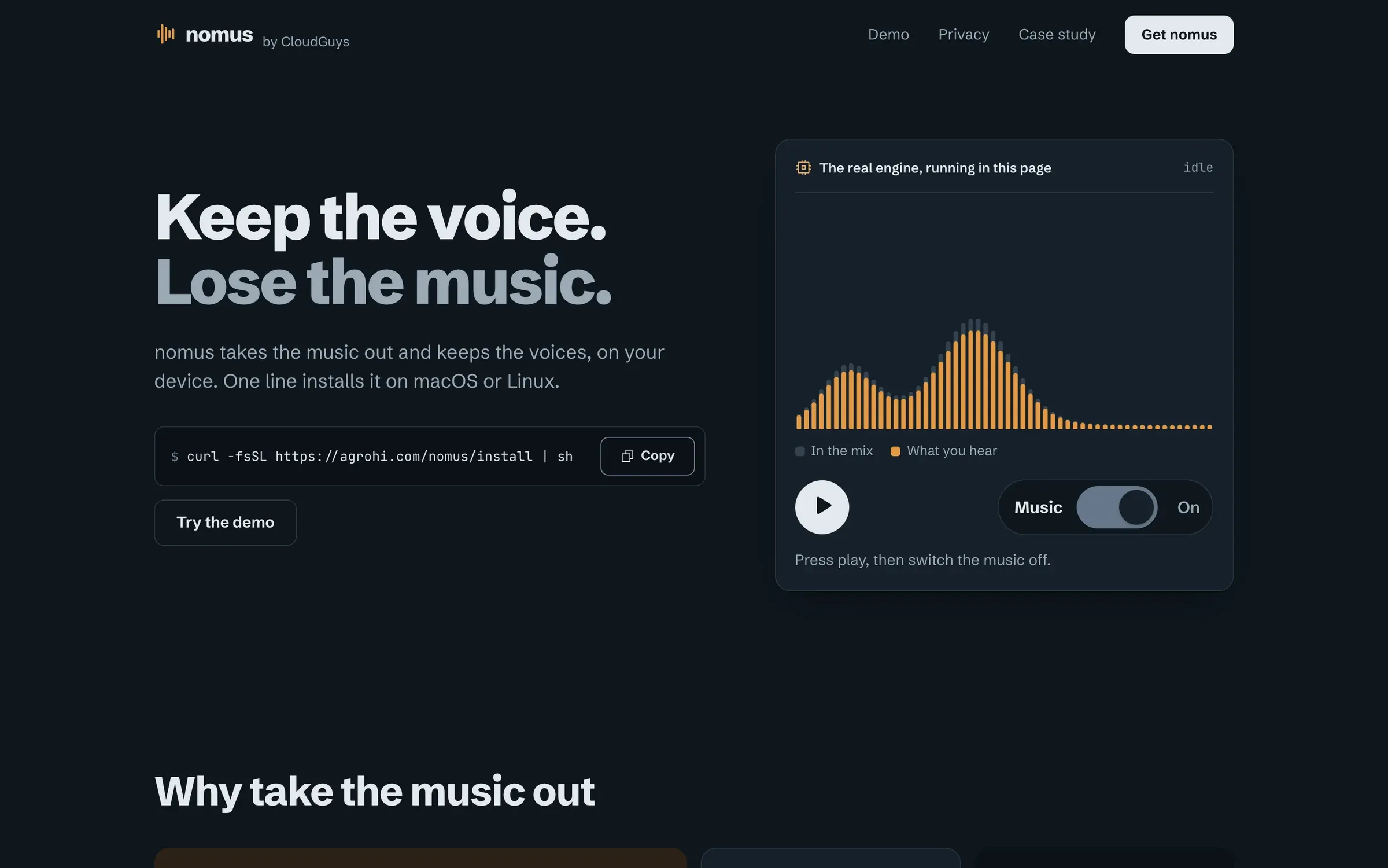 The nomus home page: the headline Keep the voice, lose the music, a one-line installer, and a player that runs the real engine with a spectrum of what is in the mix and what you hear.